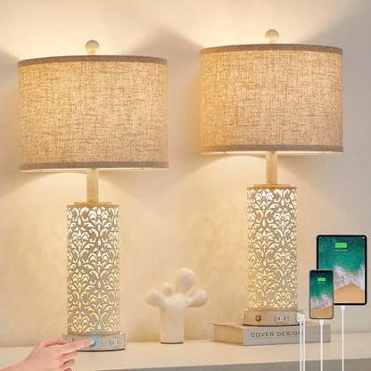 SAIWEYA 26" Farmhouse Table Lamp for Living Room Bedroom, Dimmable Touch | 3 Way Dimmable, 2 USB Ports + AC Outlet Bedside Lamp for Nightstand, LED Bulb Included, Fabric Shade, Flower Metal Body - color: Black-26in