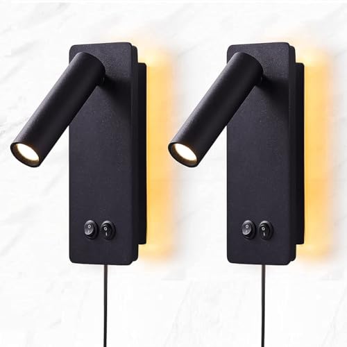 LED wall lamp and reading light two-in-one multifunctional wall sconces. LED Wall Lamp Plug in for Bedroom Bedside Wall Sconces Set of Two Black Reading Light 3W+6W Night Light 3000K(BLACK) - color: Black, size: 2 Pack