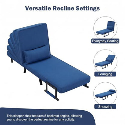 5 in 1 Convertible Bed Sleeper Chair, Chair Bed for Adults with 5 Adjustable Backrest, Folding Chaise Lounge Couch with Pillow, Comfortable for Living Room Bedroom Apartment Office, Blue - color: B-blue-1w