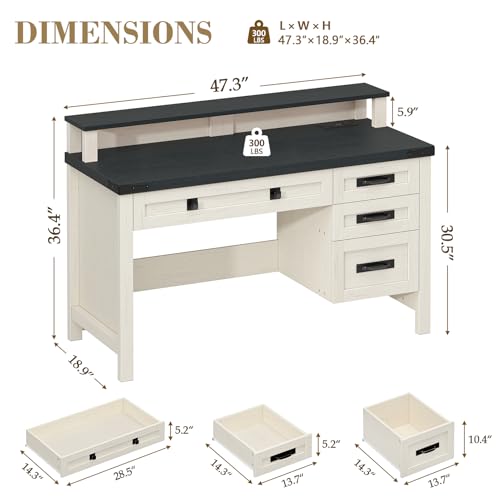 47" Farmhouse Computer Desk with Drawers & Outlets for Home Office, Bedroom | Executive Desk with Power Outlets, Home Office Desk with Monitor Stand, Small Desk Writing Study Table, Black and White - color: Black and White