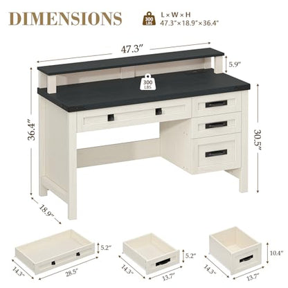 47" Farmhouse Computer Desk with Drawers & Outlets for Home Office, Bedroom | Executive Desk with Power Outlets, Home Office Desk with Monitor Stand, Small Desk Writing Study Table, Black and White - color: Black and White