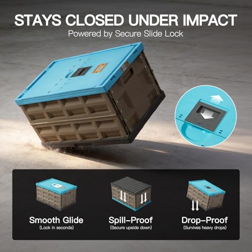 Heavy Duty Collapsible Storage Bins, Attached Lids, 12 Gal, 2 Pack | 400 LBS Stacking Strength, Secure Slide Lock, Durable PP Plastic, For Garage / RV / Car Trunk / Moving - color: Blue - 45L - Pack of 2