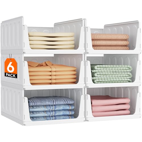 Lifewit Stacking Closet Organizers Shelf for Clothes 6 Pack 16.1" Depth | 16.1" depth, open front basket, top shelf storage bins, store clothing sweater jeans, for Pantry, Kitchen, Dorm