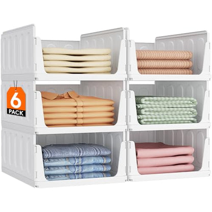 Lifewit Stacking Closet Organizers Shelf for Clothes 6 Pack 16.1" Depth | 16.1" depth, open front basket, top shelf storage bins, store clothing sweater jeans, for Pantry, Kitchen, Dorm