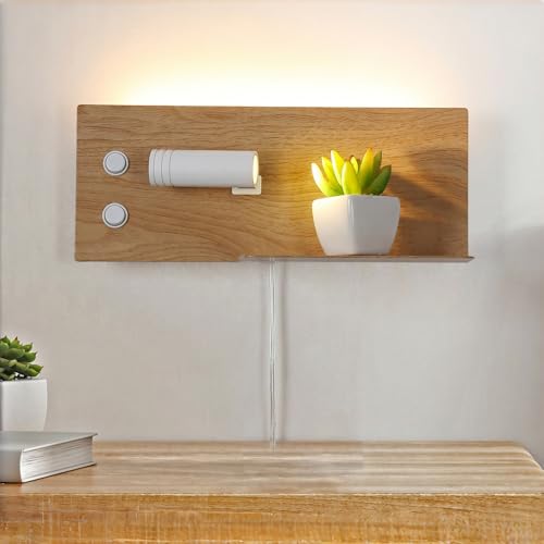 Modern LED Plug in Wall Sconce, Wall Light with Shelf and USB Charging Port, Rotatable Reading Spotlight & Soft Backlight, Plug-in or Hardwired Wall Lamp for Bedroom Bedside, Light Wood Grain Finish - size: 2-light Left Switch White