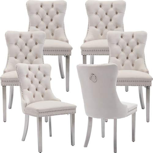 Beige Velvet Dining Chairs Set of 6, Tufted Kitchen & Dining Room Chairs | Six Fabric Dinning Chairs, Velvet Upholstered, Wing Back, Metal Pull Ring, Chrome Legs, Wood Frame, Mid Century Modern - color: A-3 Beige Velvet, Silver Legs, size: 6