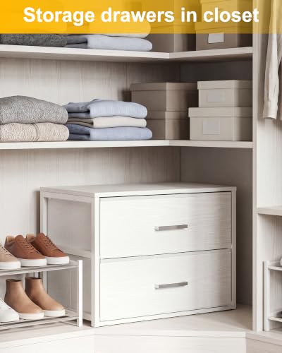Fixwal Closet Drawers for Clothes, 1 Pack, 2 Drawers Dresser, 21.2" Wide | height 16.1", 2 fabric storage drawers, wooden top, white, spacious storage, dresser for bedroom - size: 15.7"D x 21.2"W x 16.1"H