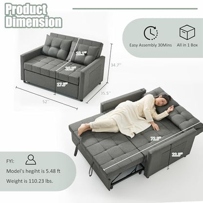 GOSUHI 52" 3-in-1 Convertible Sleeper Sofa Bed, Linen, Dark Gray | Pull-Out Bed, Stepless Adjustable Backrest, Side Pocket, Compact Loveseat, Living Room, Dorm & Apartment - color: Dark Gray