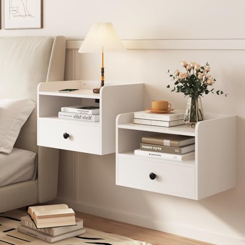Floating Nightstand Set of 2 Modern Night Stands with Drawer and Open Shelf | Cubby Small Bedside End Table with Charging Station Wall Mounted Nightstands Set 2 for Bedroom White - color: White