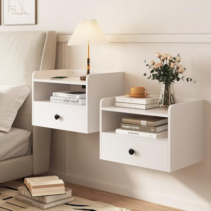 Floating Nightstand Set of 2 Modern Night Stands with Drawer and Open Shelf | Cubby Small Bedside End Table with Charging Station Wall Mounted Nightstands Set 2 for Bedroom White - color: White