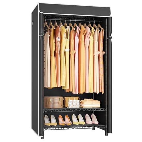 H5C Clothes Rack with Cover, Covered Clothing Rack Heavy Duty | Garment Rack with Shelves, 3-Tier Portable Closets for Hanging Clothes, Max Load 360LBS, Black Closet Racks with Black Cover - color: Black Rack with Black Cover, size: H5C