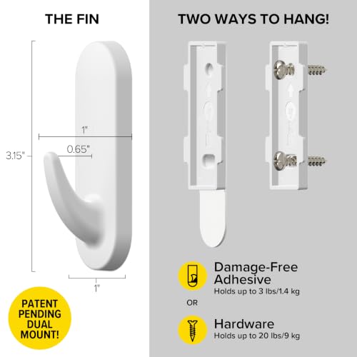 Wrap-It Storage Handy Hooks - The Fin Medium 10 Pack (White) | Dual Option Wall Mount or Removable Adhesive Hooks - Dorm Room Essentials, Hand Towel Holder, Hat Rack for Wall, Door Hanger - color: White, size: Medium 10-Pack