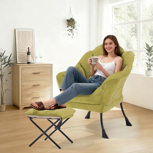 Lazy Chair with Ottoman Comfy Accent Lounge Chair with Side Pocket Cozy Chair Modern Reading Armchair with Footrest Upholstered Sofa Chair for Small Spaces Living Room Dorm Bedroom Olivegreen - color: Olivegreen