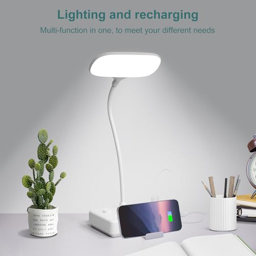 LED Desk Lamp with 2 USB Charging Port and 4 AC Power Outlet - 3 Lighting Modes, Adjustable Gooseneck, Eye-Caring Small White Table Lamp for Home Office College Dorm Room Essentials