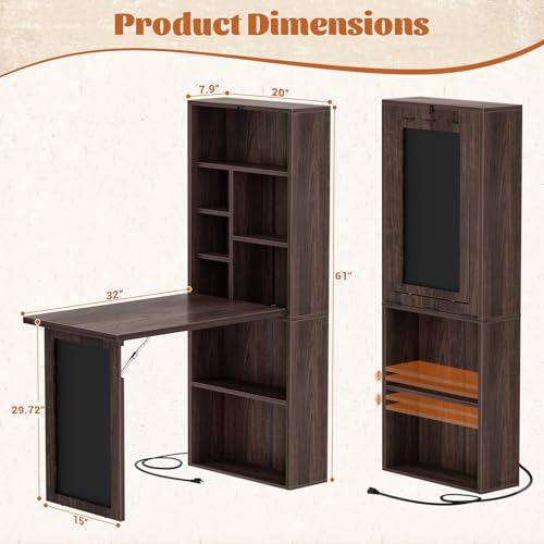 Small Folding Desk with Outlets, Fold-Out Murphy Desk Craft Table | Foldable Wall Mounted Desk Cabinet with Storage, Multi-Function Desk for Small Spaces/Home Office/Craft Room, Black Walnut - color: Black Walnut