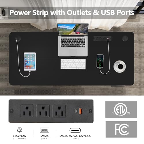 Electric Standing Desk with Wheels, 63'' x 24'' Standing Desk Adjustable Height with Charging Station, 2 USB Ports, 3 Power Outlets, 4 Caster, 27''-46'' Lifting Range Stand up Desk(Black) - color: Black, size: 63 x 24''
