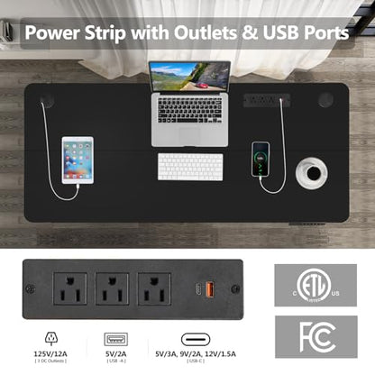 Electric Standing Desk with Wheels, 63'' x 24'' Standing Desk Adjustable Height with Charging Station, 2 USB Ports, 3 Power Outlets, 4 Caster, 27''-46'' Lifting Range Stand up Desk(Black) - color: Black, size: 63 x 24''