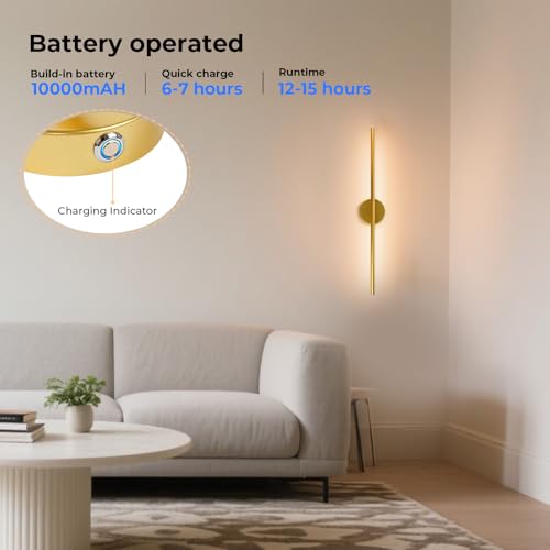 Rechargeable Wall Light Detachable Wireless Dimmable 1 Pack 360°Rotate | Battery Operated Wall Sconce 3000-6500K with Remote Control 10000mAh for Bedroom Living Room 28.3" Gold - color: Gold-Round Base, size: 1 Pack
