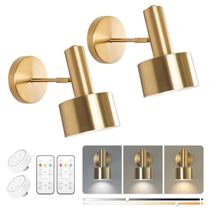 KELUOLY Battery Operated Wall Lights Set of 2, Wireless Battery Powered Wall Sconce, Modern Metal Indoor Wall Lamp, Dimmable with Remote, Suitable for Living Room Bedroom Golden-Like Brass Finish - color: Gold