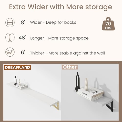 Dreamland Wall Mounted Floating Shelves Set of 2, 48x8, White&Gold | Engineered Wood, Visible Bracket, Large Storage, Hold Up to 70lbs, Living Room, Bathroom, Bedroom, Kitchen - color: White&gold, size: 48"W x 8"D