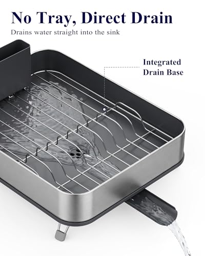 Kitsure Dish Drying Rack - Stainless Steel Dish Rack with Cutlery Holder, Rust-Resistant Wrapped Edges, Space-Saving Dish Racks for Kitchen Counter, 16.3" x 12.7" x 4.6", Black