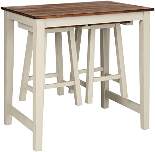 LUARANE 3 Pieces Bar Table Set, Modern Pub Dining Counter Height Table Set with 2 Saddle Bar Stools, Kitchen Counter Set for Living Room Dining Room, Brown & Milky White