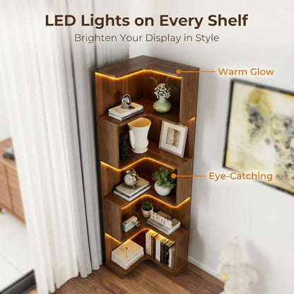 Corner Bookshelf, 5 Tier Tall Corner Bookcase with LED Lights, Freestanding L Shaped Open Display Shelf for Living Room, Bedroom, Home Office (Walnut) - style: Walnut-without drawers