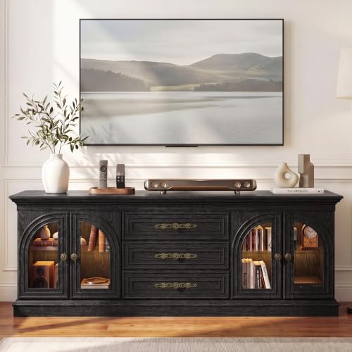 JUMMICO 63 Inch LED Farmhouse TV Stand for Living Room (Black) | Farmhouse TV Console for TVs Up to 70 Inch, 2 Glass Doors Cabinets & 3 Drawers, Wood Entertainment Center for Living Room - color: Black, size: TV Stand(No Charge Station)
