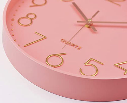 12 in Wall Clock Non-Ticking Quartz Silent Battery Operated Round Clocks Home Kitchen Office School Living Room Decor Clocks (Pink-Rose) - color: Pink-rose
