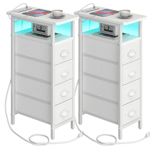 sthmec Nightstand Set 2 with Charging Station, Narrow End Table Set of 2 with 4 Drawers, LED Side Table with Fabric Drawers,Slim Sofa Couch Tables for Small Spaces,Living Room,Bedroom, White - color: White, style: Power & LED
