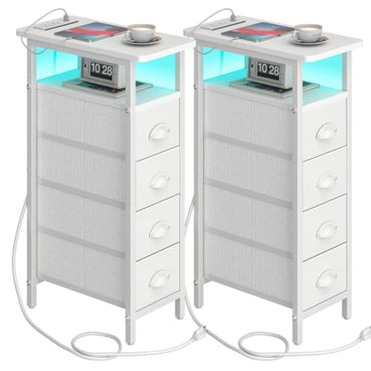 sthmec Nightstand Set 2 with Charging Station, Narrow End Table Set of 2 with 4 Drawers, LED Side Table with Fabric Drawers,Slim Sofa Couch Tables for Small Spaces,Living Room,Bedroom, White - color: White, style: Power & LED