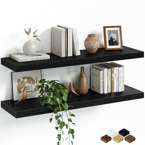 Fun Memories Floating Shelves for Wall, 32 Inch Set of 2 Rustic Wood Wall Shelves with Invisible Brackets, Heavy Duty Storage Display for Living Room Bedroom Kitchen, Black - color: Black, size: 32"W x 6.5"D, Set of 2