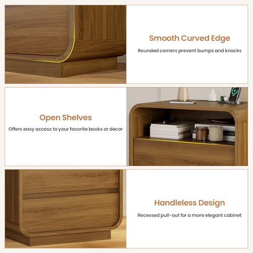 HAUOMS 23.6" Wide Wood Bedside Table, Curved Profile Design, Walnut | Charging Station, 2 Storage Drawers, 25" Tall Nightstand, Large Mid Century End Table, Bedroom/Living Room, Easy Assembly - color: Walnut