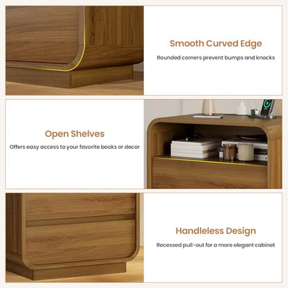 HAUOMS 23.6" Wide Wood Bedside Table, Curved Profile Design, Walnut | Charging Station, 2 Storage Drawers, 25" Tall Nightstand, Large Mid Century End Table, Bedroom/Living Room, Easy Assembly - color: Walnut