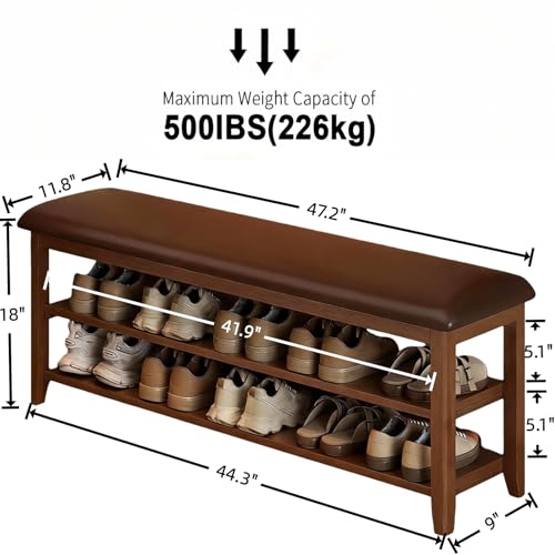 Wooden Shoe Storage Bench with Leather Cushion, Dark Brown, 47.2" | Rustic Solid Wood Entryway Bench, Shoe Rack Bench for Hallway, Front Door, Equipped with 2 Height-Adjustable Shelves - color: Dark Brown, size: 47.2"L x 11.8"W x 18"H