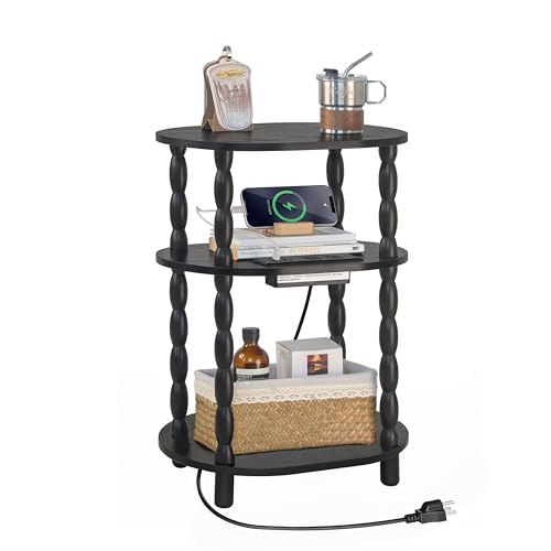 MaxSmeo Black Side Table with Charging Station, 3-Tier Small Oval End Table with USB Ports and Outlet, Modern Night Stand Wood Accent Table for Living Room, Bedroom, Black - color: Black Charging Station