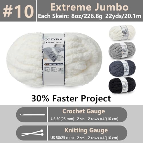 Cozyful Chunky Yarn for Hand Knitting - #10 Chunky Chenille Yarn, Jumbo Big Thick Chunky Yarns for Crocheting, Super Bulky Chunky Knit Blanket Yarns, 8 Skein (22yd, 8oz/Skein), Cream & Multi Grey - color: Cream & Black & Light Grey & Charcoal Grey