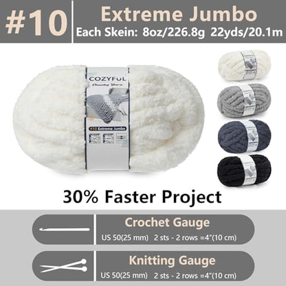 Cozyful Chunky Yarn for Hand Knitting - #10 Chunky Chenille Yarn, Jumbo Big Thick Chunky Yarns for Crocheting, Super Bulky Chunky Knit Blanket Yarns, 8 Skein (22yd, 8oz/Skein), Cream & Multi Grey - color: Cream & Black & Light Grey & Charcoal Grey