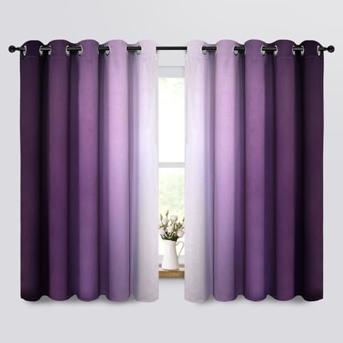 COSVIYA Grommet Room Darkening Ombre Purple Curtains W70xL63 inch | Purple and Greyish White Gradient Drapes, Light Blocking, Insulated Thermal Window Curtains for Bedroom/Living Room,2 Panels - color: Purple to Grayish White, size: 70"W x 63"L (Pack of 2