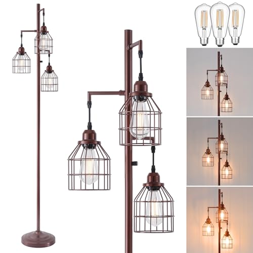 9MMML Floor Lamp for Living Room, Farmhouse Industrial Dimmable Floor lamp, 3 Lights Metal Cage Tree Standing Lamp,68", 3Pcs LED Bulbs Included - color: Oil Rubbed Bronze B