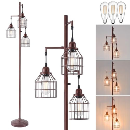 9MMML Floor Lamp for Living Room, Farmhouse Industrial Dimmable Floor lamp, 3 Lights Metal Cage Tree Standing Lamp,68", 3Pcs LED Bulbs Included - color: Oil Rubbed Bronze B
