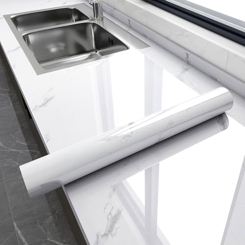 Glossy Marble Contact Paper Peel and Stick Wallpaper 17.7"x197" White | Removable Waterproof Vinyl Wall Paper for Countertops Kitchen Cabinets Backsplash Furniture - color: White, size: 17.7"W x 197"L