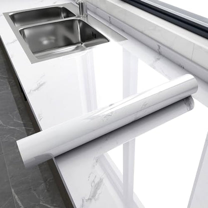 Glossy Marble Contact Paper Peel and Stick Wallpaper 17.7"x78.7" White | Removable Waterproof Vinyl Wall Paper for Countertops Kitchen Cabinets Backsplash Furniture - color: White, size: 17.7"W x 78.7"L