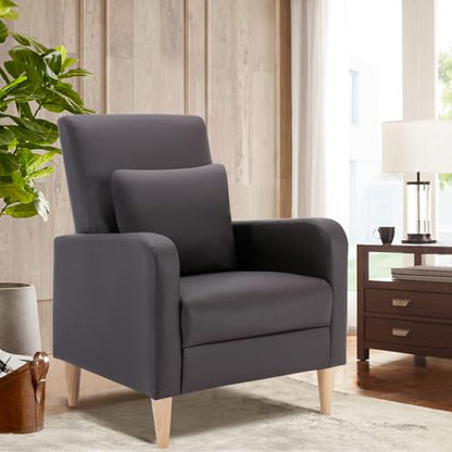 COLAMY Mid-Century Modern Accent Chair, Faux Leather Upholstered Living Room Chair with Back Pillow & Solid Wood Legs, Comfy Armchair for Living Room, Bedroom, Single Sofa, Dark Brown - color: Dark Brown, size: Set of 1
