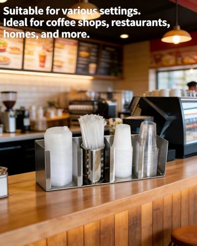 Stainless Steel Cup Dispenser,4 Compartments Cup Holder and Lid Holder with Adjustable Dividers,Cup Organizer for Kitchen Cabinets Cafe Shop Restaurant,Includes Straw Holder - size: 4 Compartments