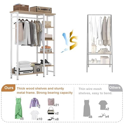 VECELO Open Garment Clothing Rack, Free-Standing Heavy Duty Storage Closet with 5 Shelves and Hanging Rod for Small Spaces, Max Load 350LBS, Nature White - color: Nature White