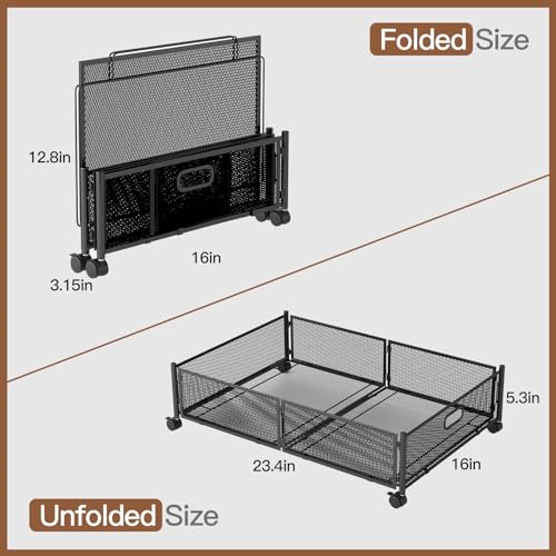 Gawerk Under Bed Storage with Wheels, Foldable Metal Mesh Underbed Storage Container Bins, Tool-free Assembly Clothes Drawer Organizer,2Pack - color: Black