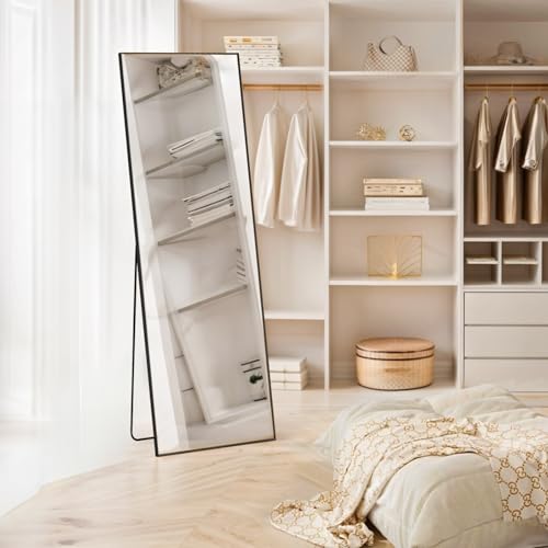 Mirror Full Length, 16"x59" Body Wall Mirrors with Shatter-Proof Glass, Floor Standing, Hanging or Leaning, Tall Mirror with Stand Aluminum Alloy Frame for Bedroom Cloakroom - color: Black, size: 59"L x 16"W, style: Rectangular
