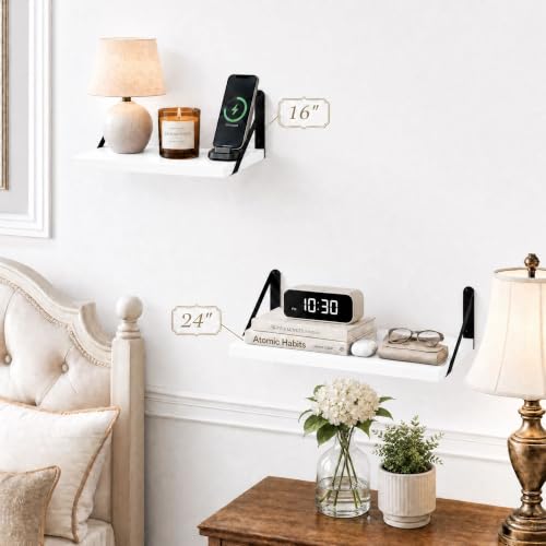SAUMONIER Floating Shelves Bookshelf for Bedroom Bathroom Living Room Wood Wall Mounted Wide Deep Storage, White Painted 24 Inch Shelves Set of 2 - color: White Painted, size: 24 Inch