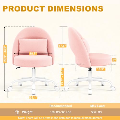 Misolant Vanity Chair with Back, Armless Cute Office Chair with Wheels for Girls, Teddy Fleece Fabric Small Desk Chairs with Adjustable Height, Lumbar Support Pillow, 360°Swivel for Makeup Room, Pink - color: Pink